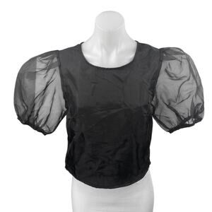 Etophe Studios Women's Black Short Puff Balloon Sleeve Mesh Blouse Top Size M